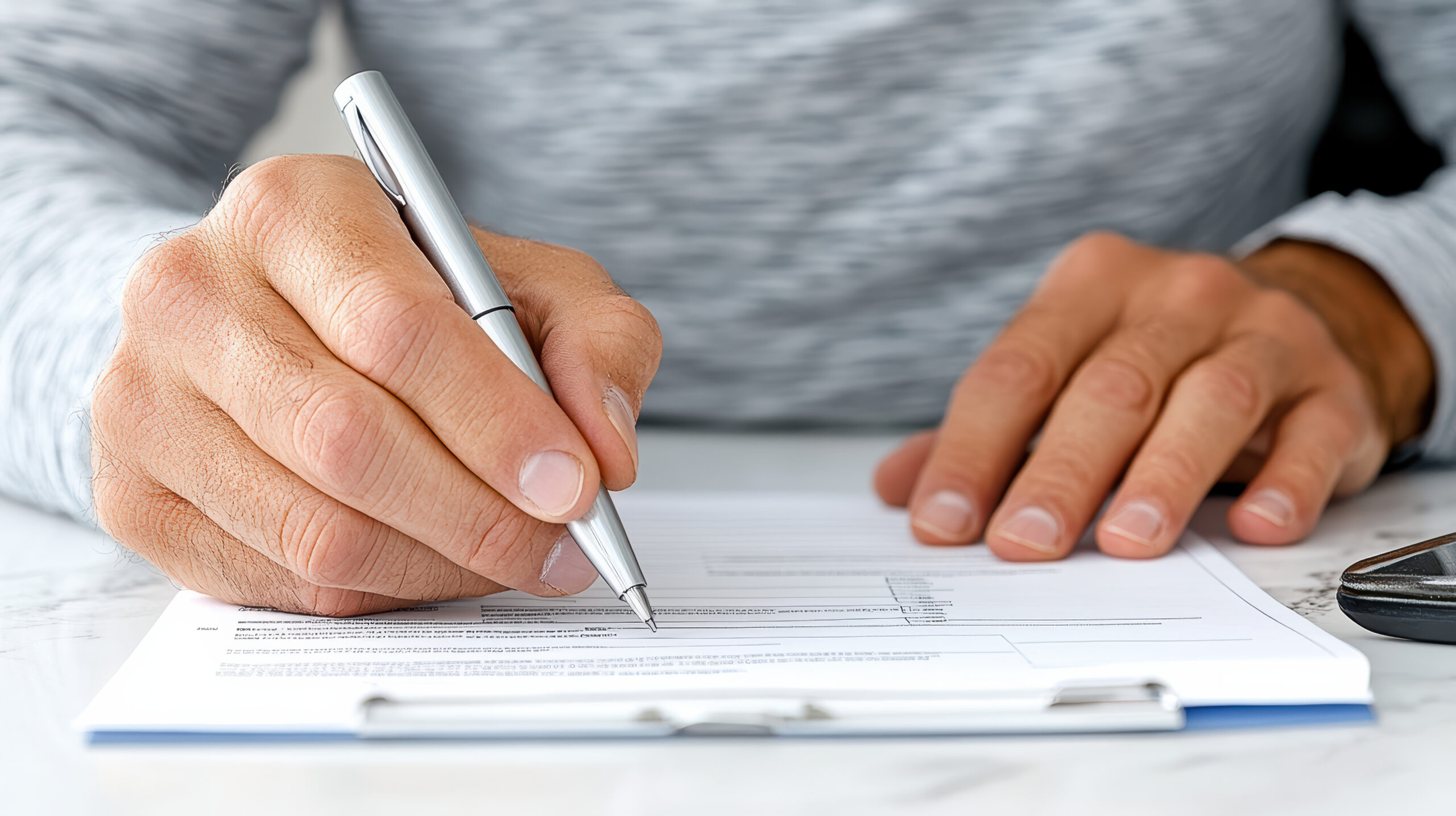 A close up of hand writing on document with pen, showcasing focus and diligence