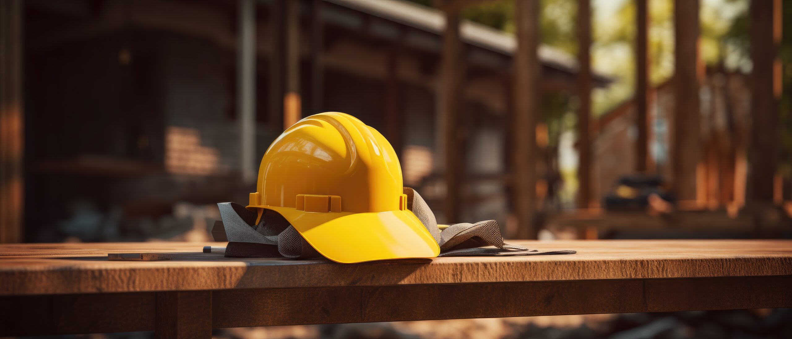 an yellow construction hard hat on a wooden bench.